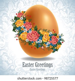 Easter egg in a wreath of flowers. Vintage style.