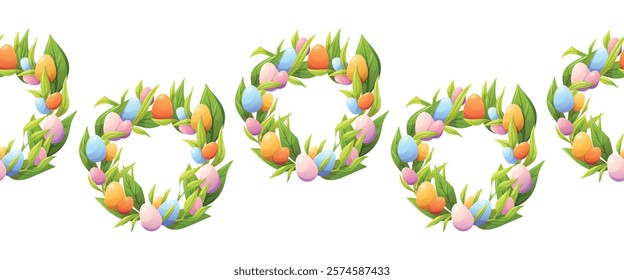 Easter Egg Wreath vector cartoon Seamless Pattern. festive decorative design with colorful eggs and green leaves, perfect for holiday-themed projects and celebrations, Horizontal ornamental frame