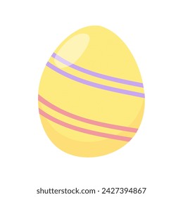 Easter egg in yellow color is laconically decorated with colored threads. Simple vector drawing isolated on white background. Holiday tradition, gift. Bright spring colors