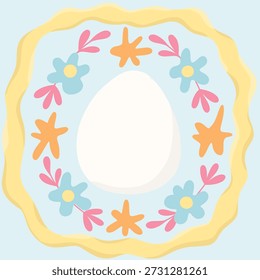 Huevo de Pascua en un marco amarillo con flores sobre un fondo azul. Ilustración de patrón de Vector. Impresión folclórica linda plana.