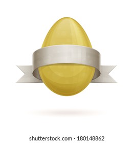 Easter egg with yellow ribbon on white background and shadow below