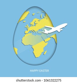 Easter egg with yellow world map. Planet Earth in form of egg on bright purple background with flying light gray air plane and greeting text Happy Easter. Vector illustration in paper-cut style.