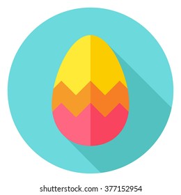 Easter Egg with Zigzag Decor Circle Icon. Flat Design Vector Illustration with Long Shadow. Spring Christian Holiday Symbol.