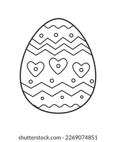 Easter egg with zigzag and heart ornament. Black and white vector illustration on white background. Coloring page, coloring book