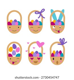 Conjunto de emoji de cesta de huevo de Pascua. Diversión, alegría, sorpresa, amor, emociones de shock. Paquete de pegatinas navideñas de primavera estacional.