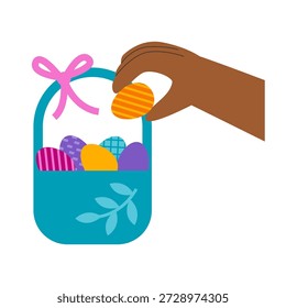 Conceito de ovo de Páscoa. A mão põe um ovo na cesta. Tradição das celebrações da primavera.