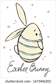 An easter egg-like bunny with long ears and a tail. Isolated cute cartoon character in a striped sweater on a white background with an inscription. 