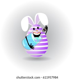 Easter. Egg-rabbit funny with faces illustration for your design. Rabbit cute striped purple with a bottle of water