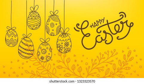 Easter eggs 3d and in doodle style. Holiday vector banner. Easter greeting card