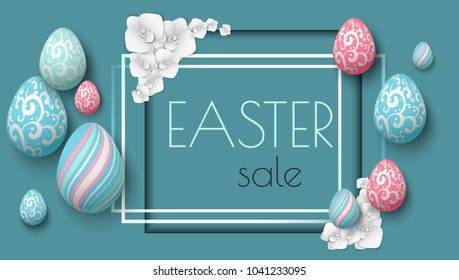 Easter eggs. 3d vector illustration on abstract background. Easter sale template for poster, flyer, banner.