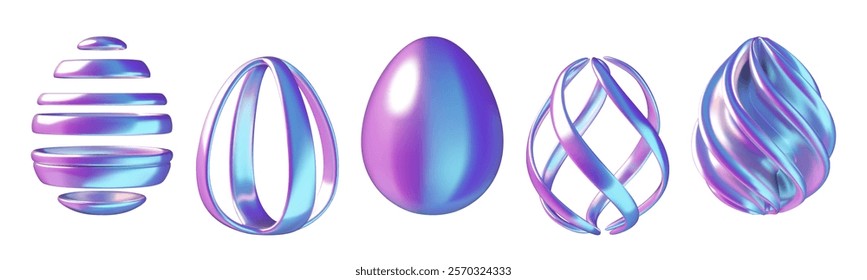 Easter eggs abstract 3d vector illustrations set. Modern minimal holographic blue and purple Easter holiday design elements isolated on white background.