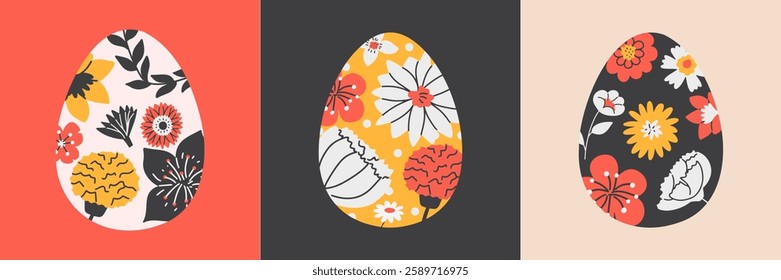 Easter Eggs with abstract flowers. Vector hand-drawn cards. 