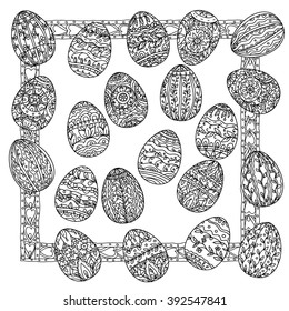 Easter eggs  in adult coloring book style. Black and white. Vector illustration. The best for your design, textiles, posters, coloring pages