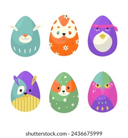 Easter eggs with animal faces. Six colorful eggs for Easter Day. Flat vector illustration. 