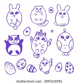 Easter eggs animals childrens line coloring vector black and white hare panda unicorn parrot bird decoration cute face smile