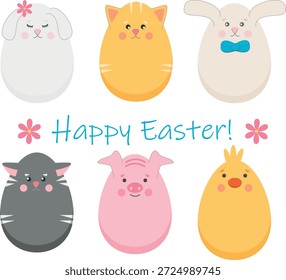 Huevos de Pascua con animales y letras de Pascua Feliz. Conjunto de Vector de primavera