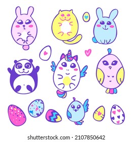 Easter eggs animals vector kids set colorful unicorn hare cat parrot bird panda egg heart face rainbow decoration set