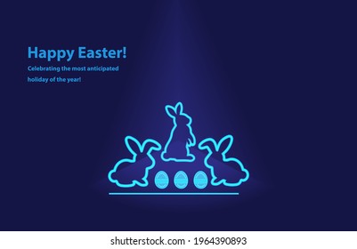 Easter. Easter eggs anld rabbit on the grass. Futuristic technology concept in dark and blue light. Vector illustration