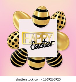 Easter eggs around a square frame. Happy Easter lettering background with realistic golden shine eggs. Vector illustration, poster, banner.