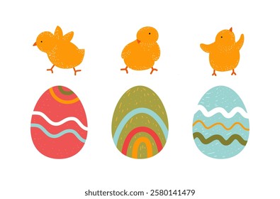 Easter eggs and baby chicken set. Vector illustration on a white background. Isolated