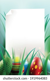 Fondo de huevos de Pascua con plantilla de papel en blanco