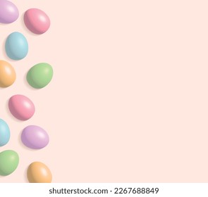 Easter Eggs Background. Border made of Colorful Easter Eggs on a Pastel Pink Layout. No text. Pastel Color Chicken Eggs Print ideal for Card, Banner, Greetings.