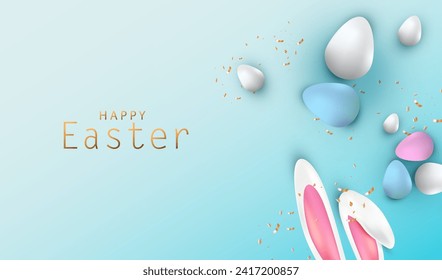 Easter Eggs background with bunny ears. Festive holiday 3D composition design. Happy Easter vector.