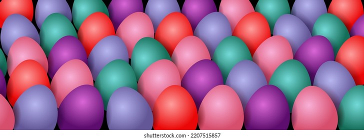 Easter eggs. Easter background with color eggs. Horizontal banner vector illustration with 3d objects