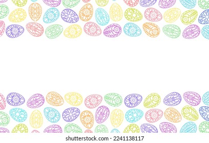 Easter eggs  background. Color painted egg. Paper cut style. Easter symbol. Egg border, banner, frame. Color gingerbread cookies. Egg hunt vector illustration. Happy Easter day backdrop. 
