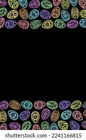 Fondo de los huevos de Pascua. Huevo pintado de color. Estilo de corte de papel. Símbolo de Pascua. Borde de huevo, pancarta, marco. Galletas de pan de jengibre a color. Ilustración vectorial de la caza de huevos. Feliz Día de Pascua.