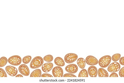 Easter eggs  background. Color painted egg. Easter symbol. Egg border, banner, frame. Color gingerbread cookies. Egg hunt vector illustration. Happy Easter day backdrop. Gingerbread cookies.