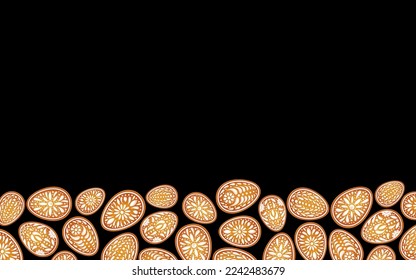 Easter eggs background. Color painted egg. Easter symbol. Egg border, banner, frame. Color gingerbread cookies. Egg hunt vector illustration. Happy Easter day backdrop. Gingerbread cookies.