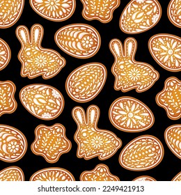 Fondo de los huevos de Pascua. Huevo pintado de color, conejo, estrella. Símbolo de Pascua. Galletas de pan de jengibre color huevo. Ilustración vectorial de la caza de huevos. Feliz Día de Pascua. El fondo de las galletas de pan de jengibre.
