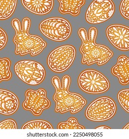 Easter eggs background. Color painted egg, rabbit, star. Easter symbol. Egg color gingerbread cookies. Egg hunt vector illustration. Happy Easter day backdrop. Gingerbread cookies background.