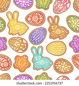 Fondo de los huevos de Pascua. Huevo pintado de color, conejo, estrella. Símbolo de Pascua. Galletas de pan de jengibre color huevo. Ilustración vectorial de la caza de huevos. Feliz Día de Pascua. El fondo de las galletas de pan de jengibre.