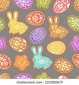 Easter eggs background. Color painted egg, rabbit, star. Easter symbol. Egg color gingerbread cookies. Egg hunt vector illustration. Happy Easter day backdrop. Gingerbread cookies background.