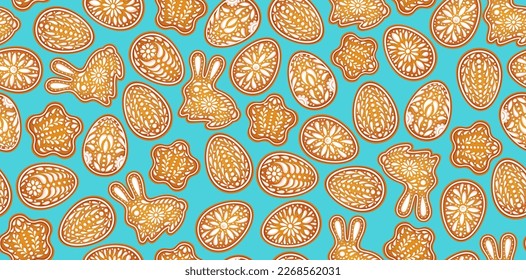 Easter eggs background. Color painted egg, rabbit, star. Easter symbol. Egg color gingerbread cookies. Egg hunt vector illustration. Happy Easter day backdrop. Gingerbread cookies background.