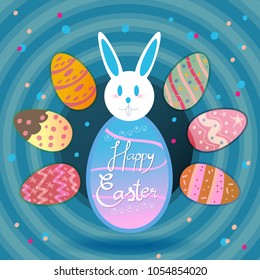 Easter eggs background, Colourful Happy Easter greeting card with rabbit, bunny and text, The annual festival of the most important Christians. Matches Sunday in March or April.