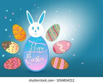Easter eggs background, Colourful Happy Easter greeting card with rabbit, bunny and text, The annual festival of the most important Christians. Matches Sunday in March or April.