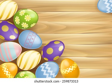 An Easter eggs background illustration of chocolate Easter eggs on a wooden table or board sign