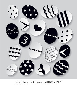 Easter eggs background with stars, hearts, dots vector illustration black and white