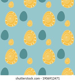 Easter eggs background. Vector hand-drawn colored seamless repeating simple pattern with easter eggs on a blue background. Ester texture for fabric, wallpaper, textile, apparel.