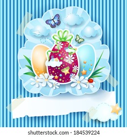 Easter eggs and banner on cardboard background, vector 