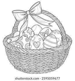 Easter eggs in a basket with a bow.Coloring book antistress for children and adults. Illustration isolated on white background. Hand draw