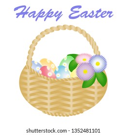 Easter eggs in basket and bright flowers isolated on white background. Vector illustration.