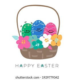 Easter eggs in basket with bright spring flowers and eggs. There is coronavirus, covid 19 look likes egg. Risible concept vector illustration for card, web, banner