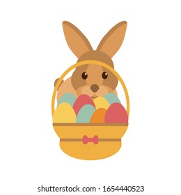Easter eggs in a basket and a bunny . Greeting card. Vector illustration.