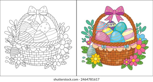 Huevos de Pascua en un libro para colorear de la cesta