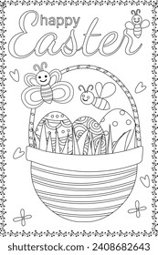 Página de coloreado de la cesta de huevos de Pascua para niños con adorables elementos kawaii