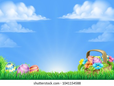 An Easter eggs basket design field scene background